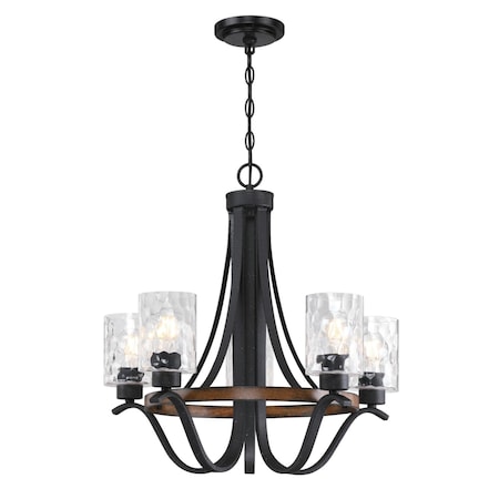 Westinghouse Barnwell LED 5-Light Chandelier, Dimmable, 6.5W, Textured Iron, Barnwood Finish, Clear Hammered Glass 6133100